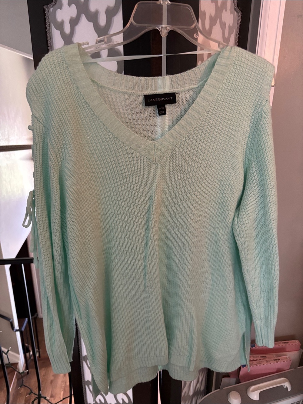 Lane Bryant Mint Green V-Neck Sweater with Sleeve Tie Detail